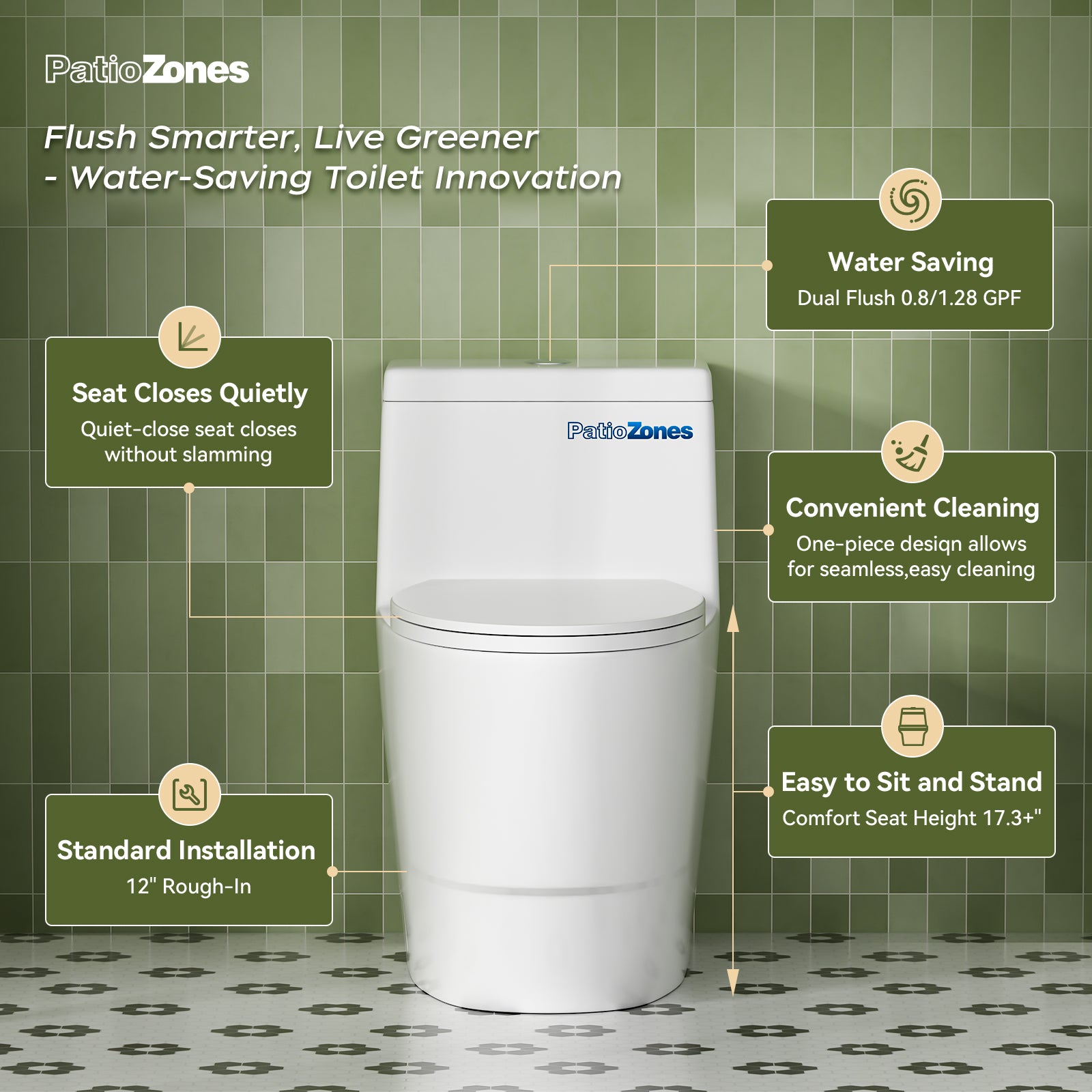 Compact Elongated 17" ADA Height One Piece Toilet with Soft-Closing Seat